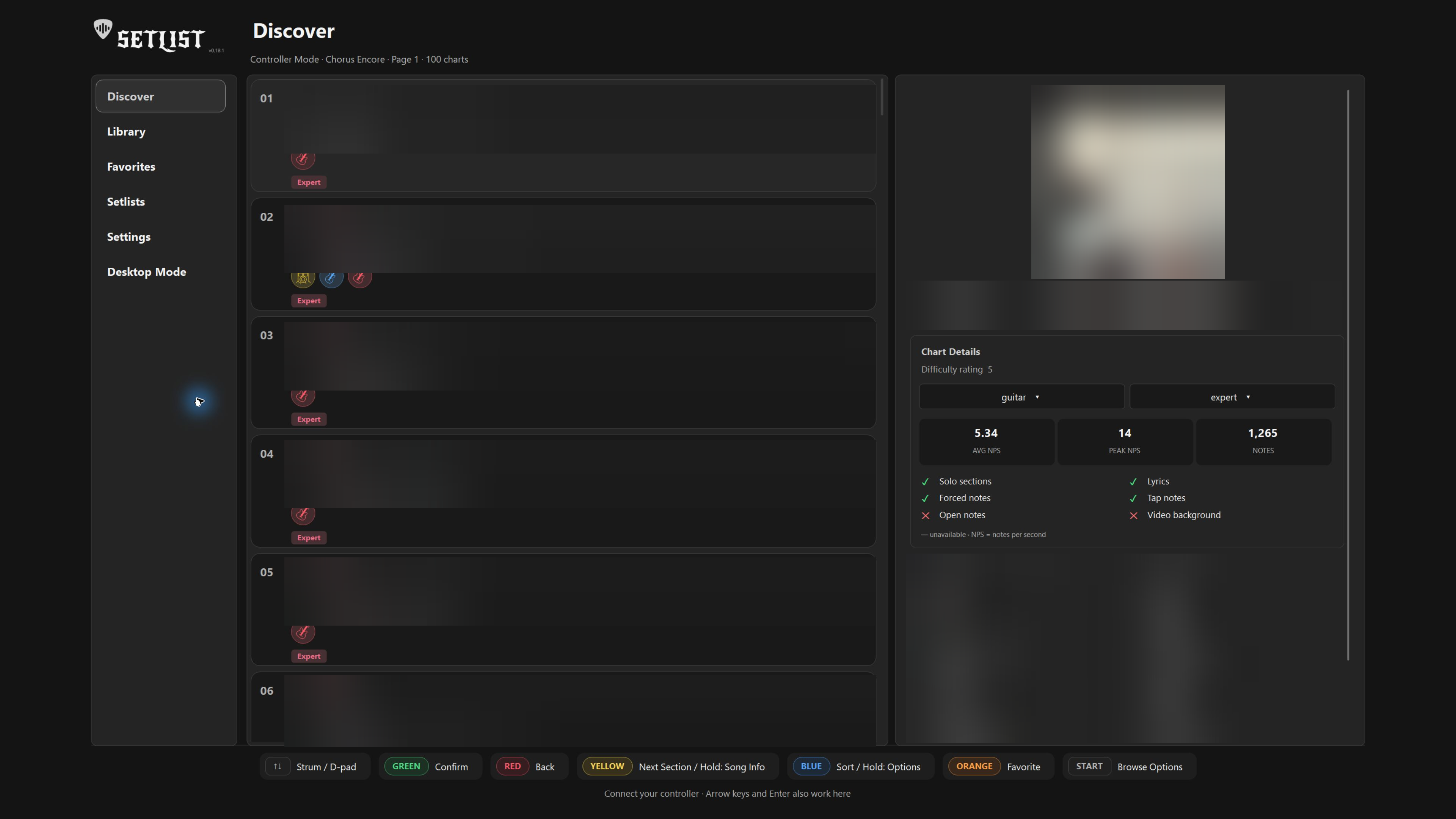 Controller Mode with a vertical navigation menu, song list, song details, and color-coded guitar controls