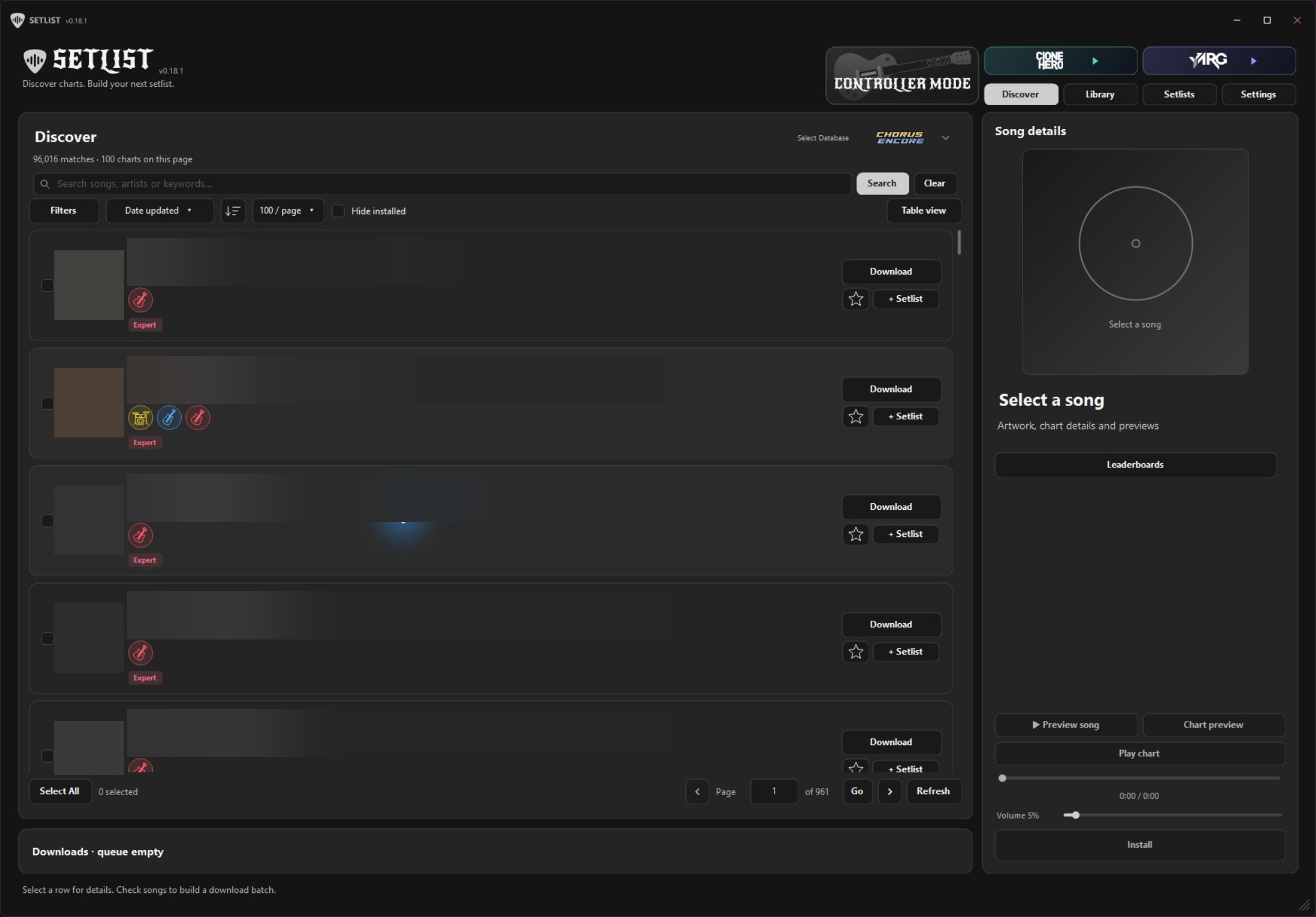 Setlist Discover page with search, filters, instrument icons, difficulty tags, and song details