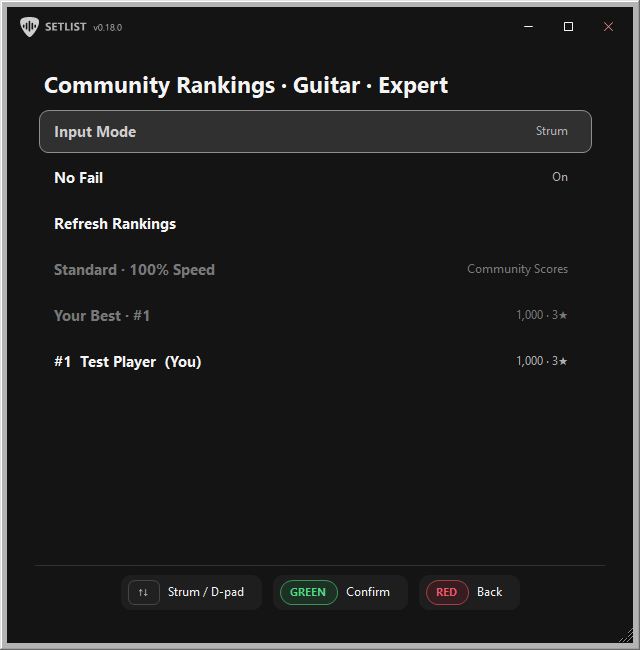 Setlist v0.18.0 community rankings menu with demonstration scores and a personal best