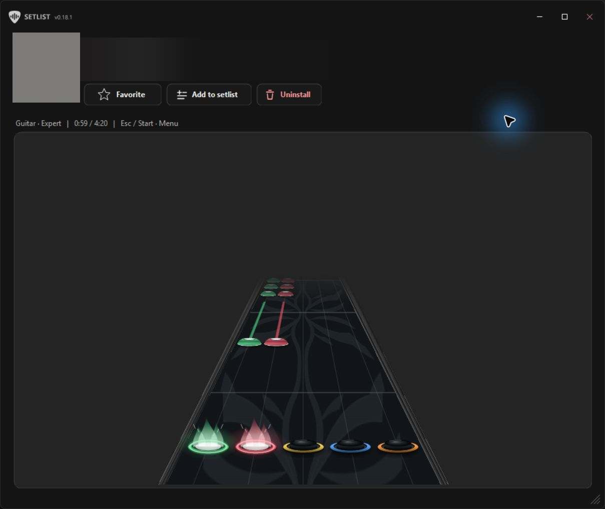 Setlist's five-fret chart player with its patterned highway and right-side gameplay meters