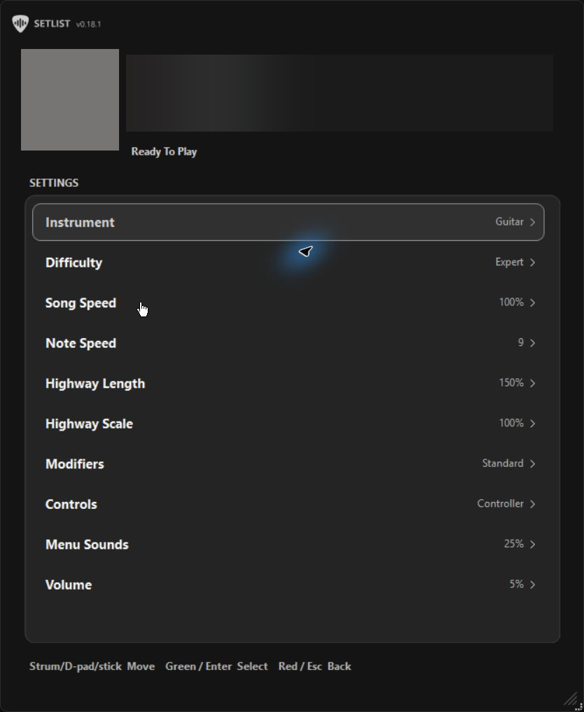 Setlist's vertical controller-navigable player settings menu